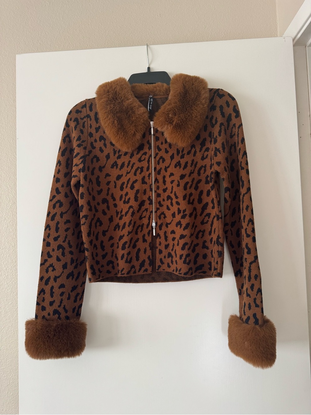 Faux Fur Collar & Cuff Leopard Zip Jacket - Brown